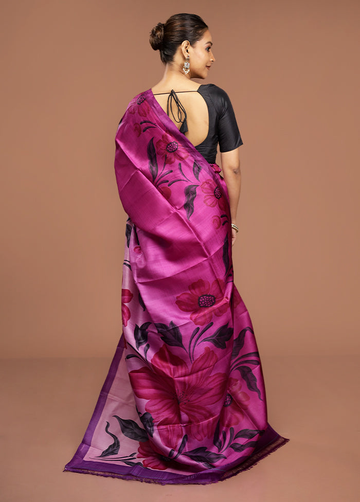 Purple Printed Pure Silk Saree Without Blouse Piece