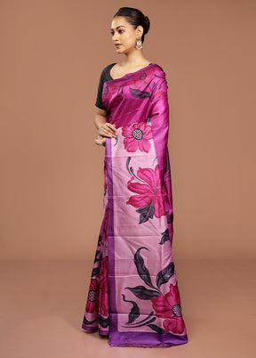 Purple Printed Pure Silk Saree Without Blouse Piece