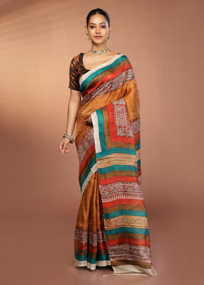 Rust Printed Pure Silk Saree Without Blouse Piece