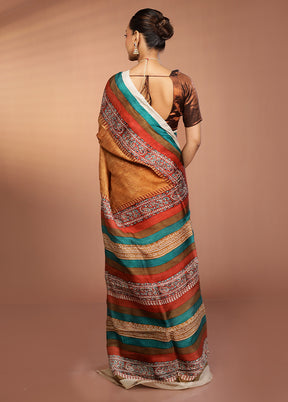 Rust Printed Pure Silk Saree Without Blouse Piece