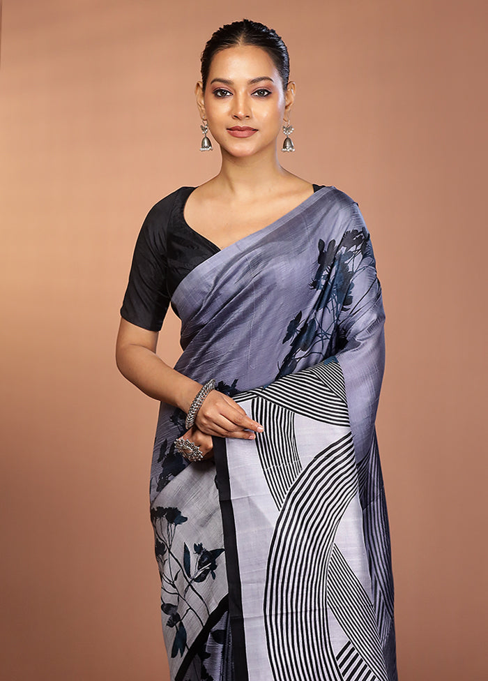 Grey Printed Pure Silk Saree Without Blouse Piece