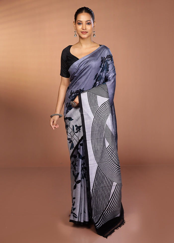 Grey Printed Pure Silk Saree Without Blouse Piece