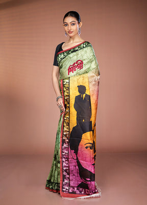 Green Handloom Printed Pure Silk Saree Without Blouse Piece