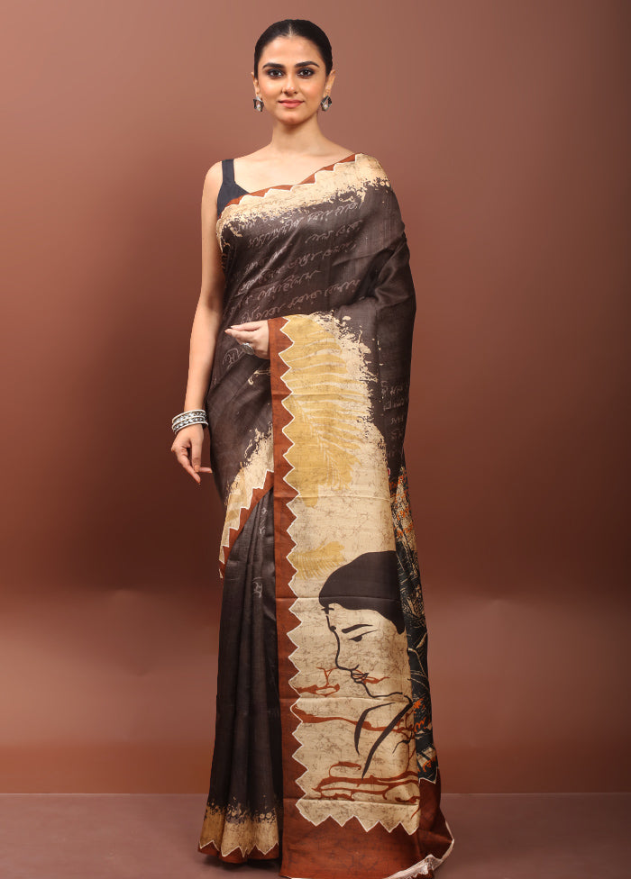 Brown Printed Pure Silk Saree Without Blouse Piece