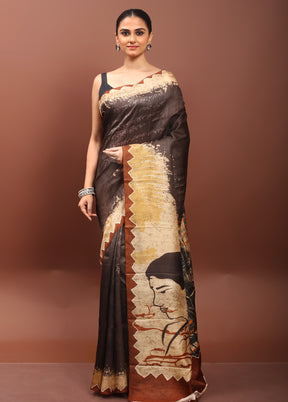 Brown Printed Pure Silk Saree Without Blouse Piece