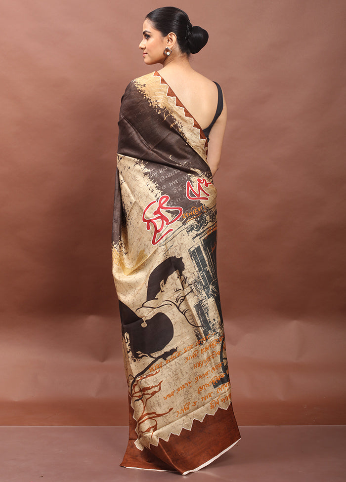 Brown Printed Pure Silk Saree Without Blouse Piece