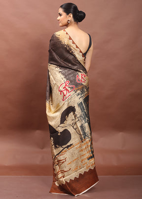 Brown Printed Pure Silk Saree Without Blouse Piece