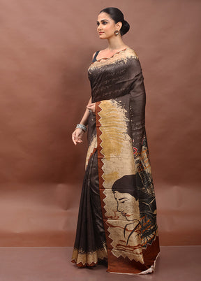 Brown Printed Pure Silk Saree Without Blouse Piece