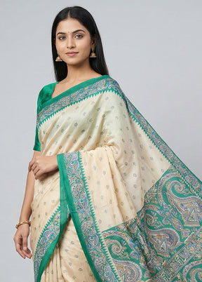 Cream Printed Silk Saree Without Blouse Piece