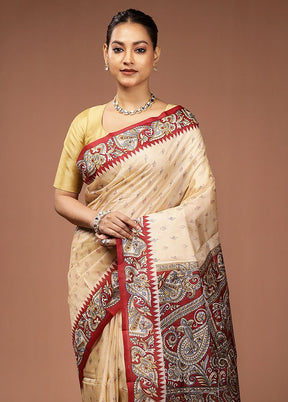 Cream Printed Pure Silk Saree Without Blouse Piece
