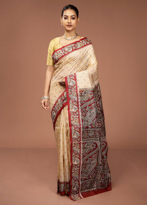 Cream Printed Pure Silk Saree Without Blouse Piece