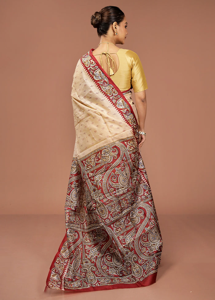 Cream Printed Pure Silk Saree Without Blouse Piece