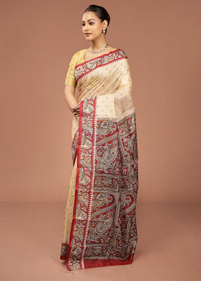 Cream Printed Pure Silk Saree Without Blouse Piece