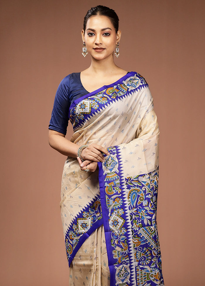 Cream Printed Pure Silk Saree Without Blouse Piece