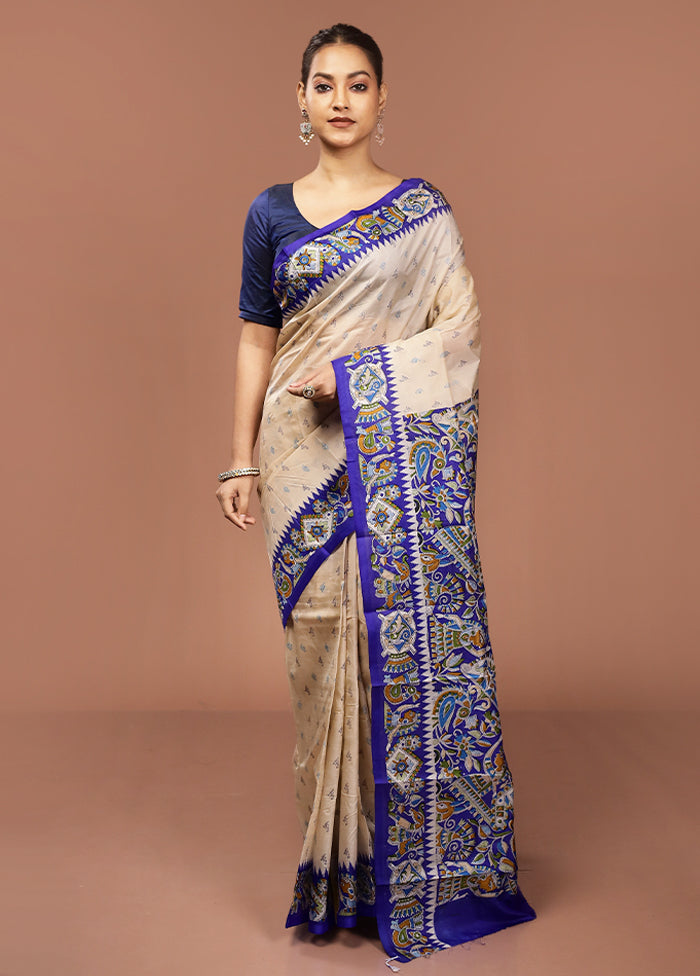 Cream Printed Pure Silk Saree Without Blouse Piece