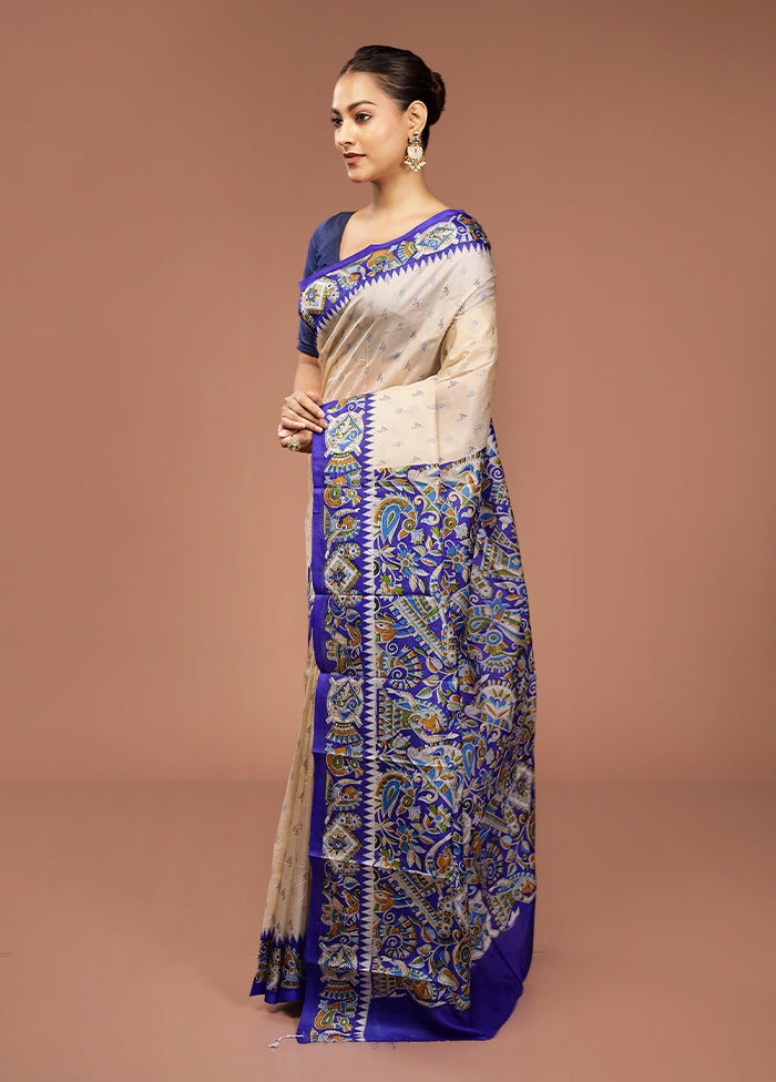 Cream Printed Pure Silk Saree Without Blouse Piece