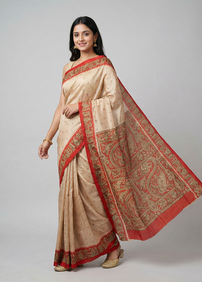Cream Printed Pure Silk Saree Without Blouse Piece