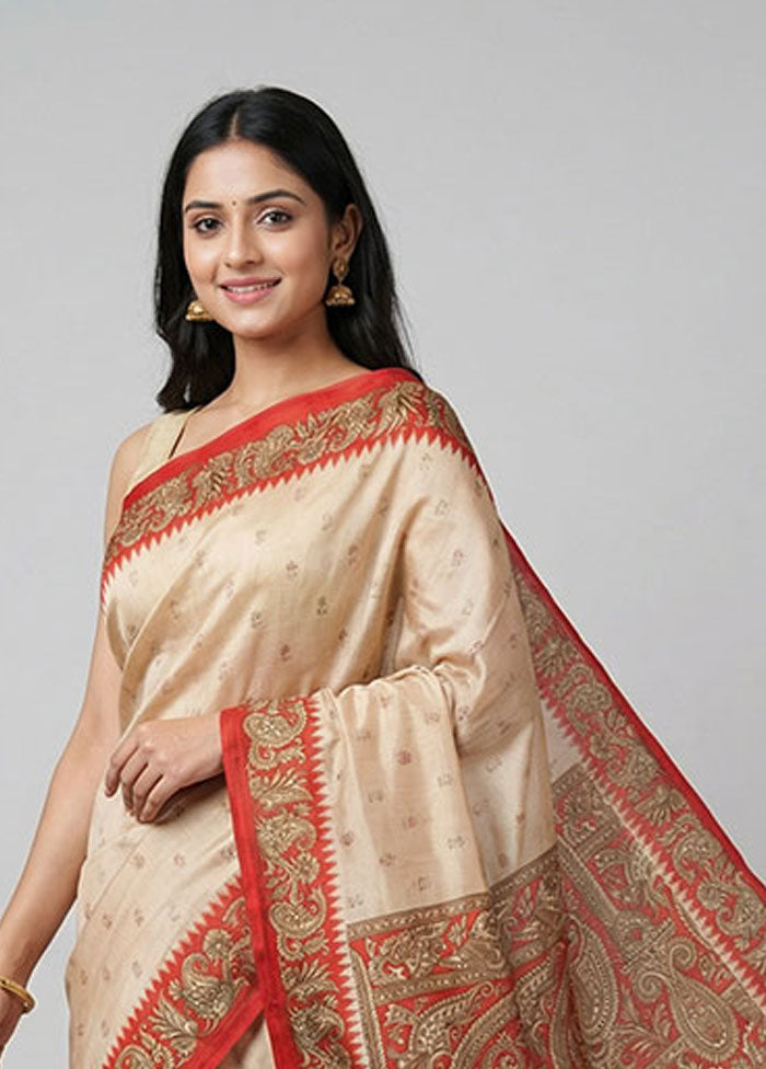 Cream Printed Pure Silk Saree Without Blouse Piece