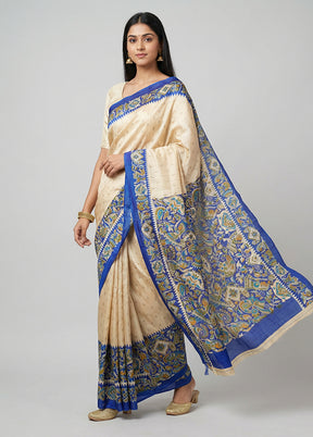 Cream Printed Silk Saree Without Blouse Piece
