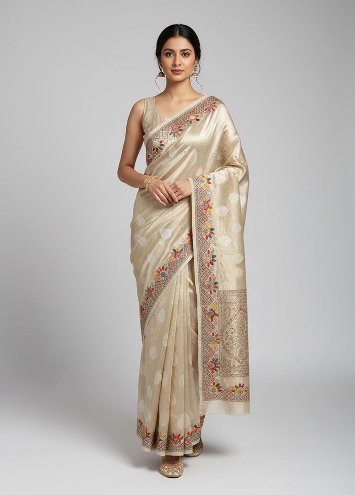 Cream Tissue Silk Saree With Blouse Piece