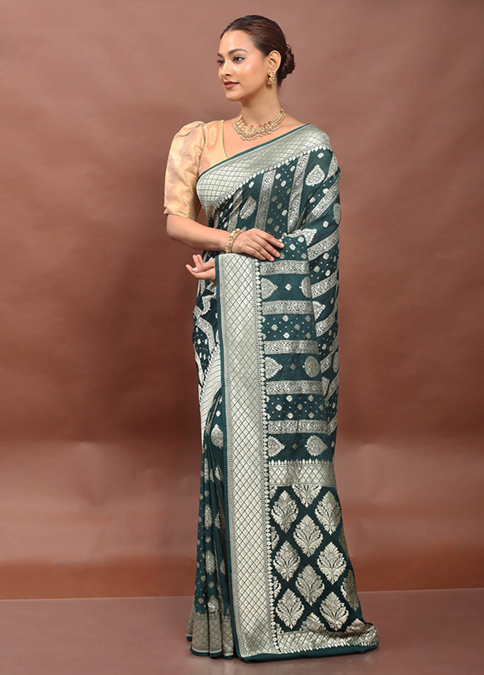 Green Handloom Pure Georgette Saree With Blouse Piece