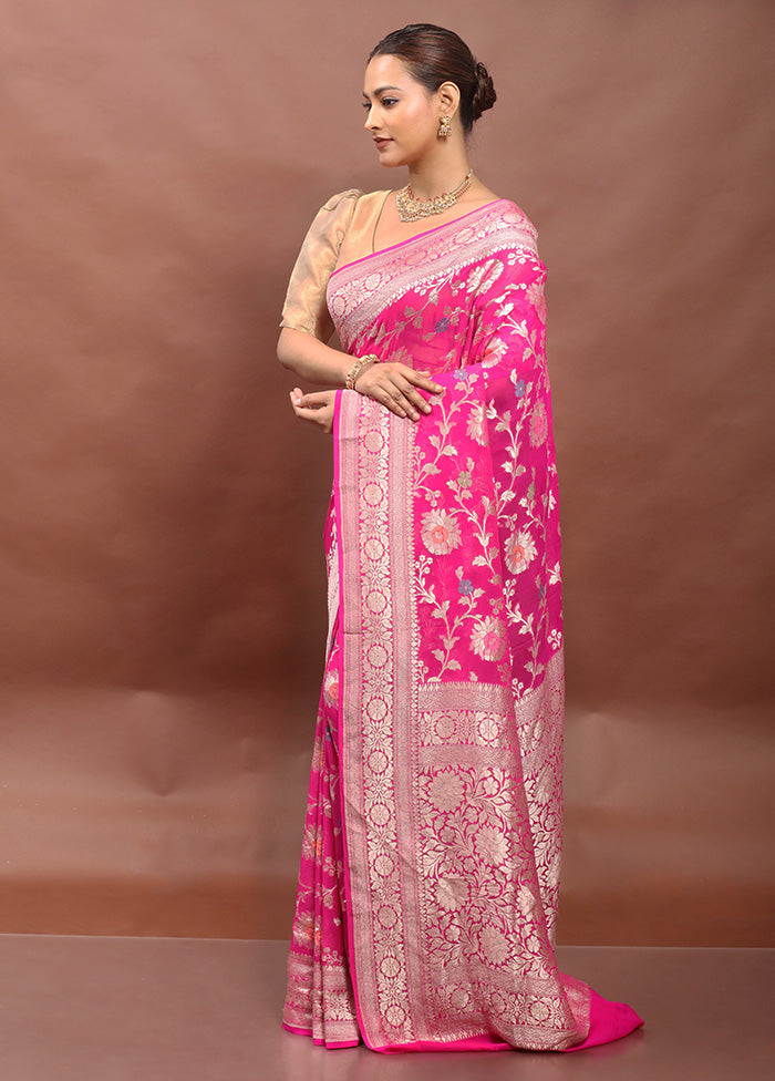 Pink Handloom Pure Georgette Saree With Blouse Piece