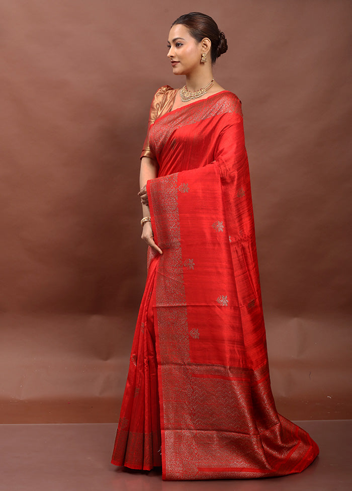 Red Handloom Tussar Pure Silk Saree With Blouse Piece