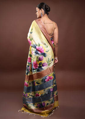 Yellow Handloom Tussar Pure Silk Saree With Blouse Piece