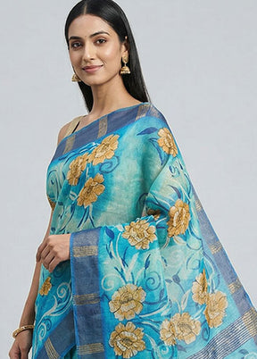 Blue Handloom Tussar Pure Silk Saree With Blouse Piece