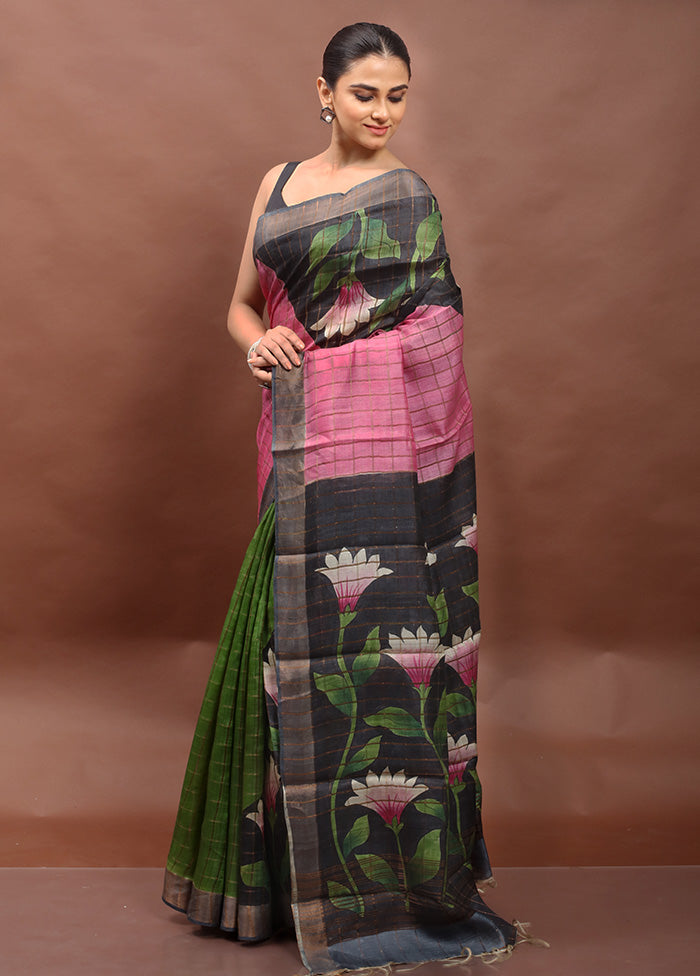 Multicolor Handloom Tussar Pure Silk Saree With Blouse Piece