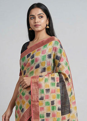Cream Handloom Tussar Pure Silk Saree With Blouse Piece
