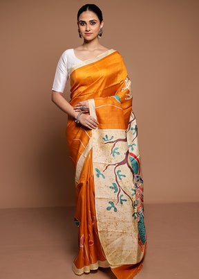 Yellow Printed Silk Saree Without Blouse Piece