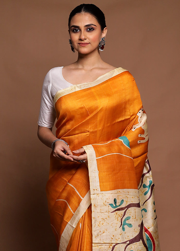 Yellow Printed Silk Saree Without Blouse Piece