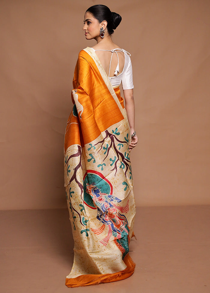 Yellow Printed Silk Saree Without Blouse Piece