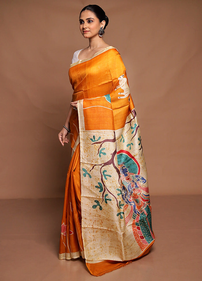 Yellow Printed Silk Saree Without Blouse Piece