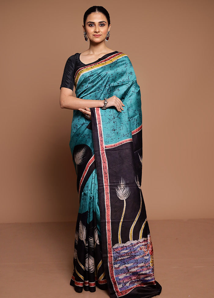 Green Printed Silk Saree Without Blouse Piece