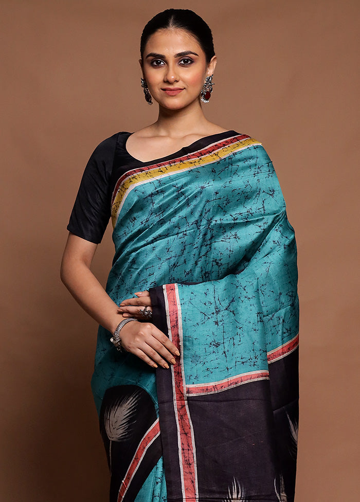 Green Printed Silk Saree Without Blouse Piece