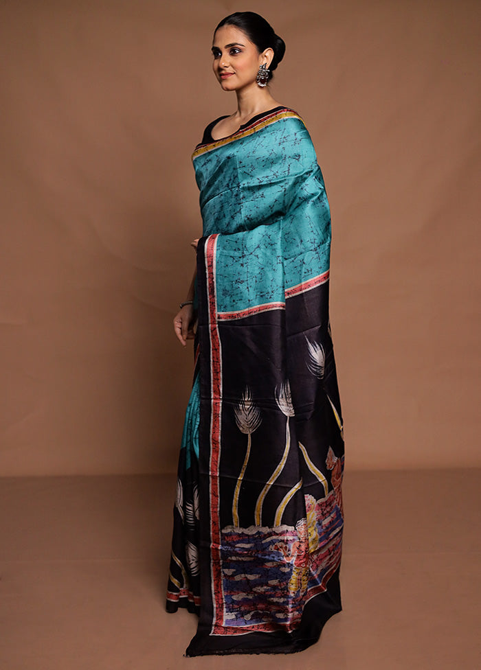 Green Printed Silk Saree Without Blouse Piece
