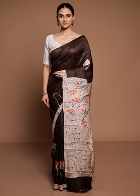 Brown Printed Silk Saree Without Blouse Piece