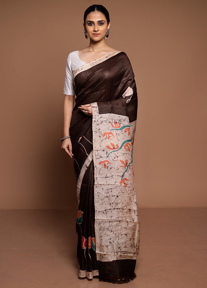 Brown Printed Silk Saree Without Blouse Piece