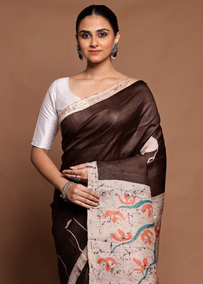 Brown Printed Silk Saree Without Blouse Piece