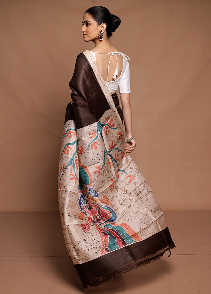 Brown Printed Silk Saree Without Blouse Piece