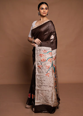 Brown Printed Silk Saree Without Blouse Piece