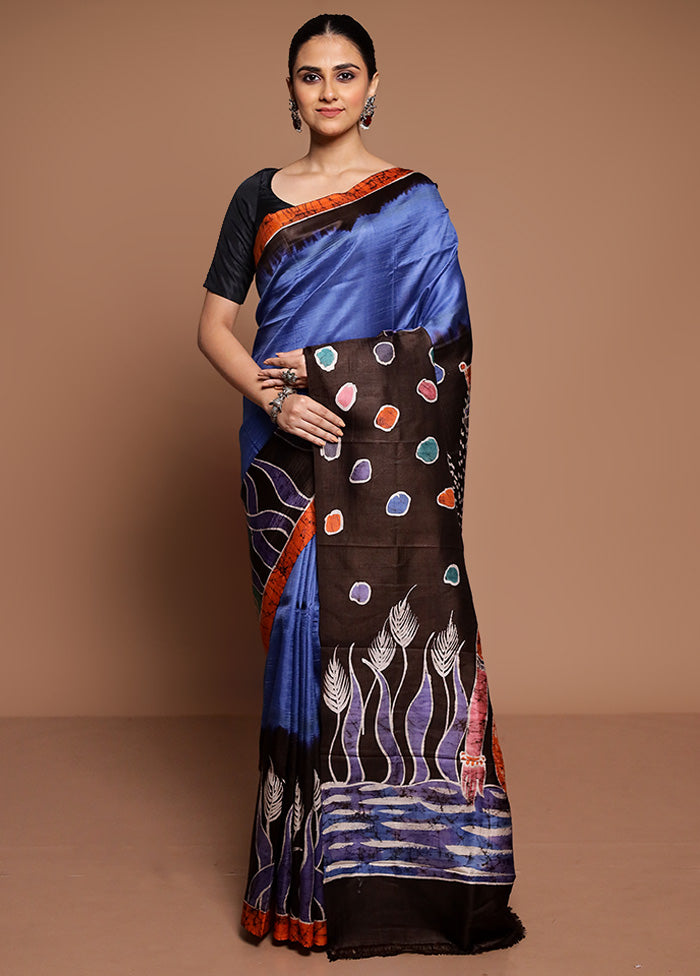 Blue Printed Silk Saree Without Blouse Piece