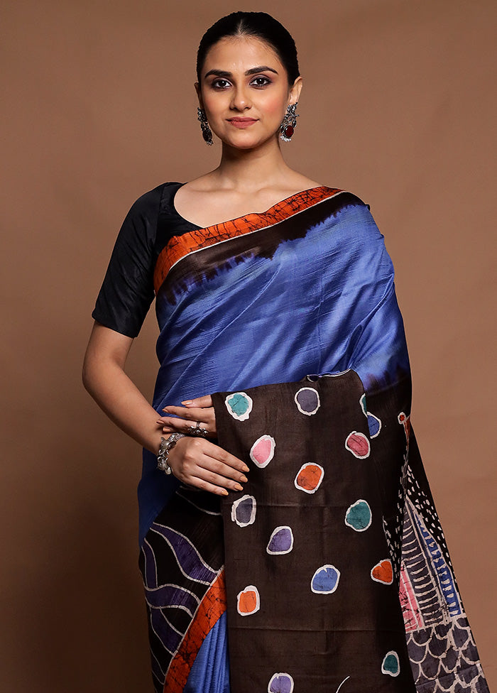 Blue Printed Silk Saree Without Blouse Piece