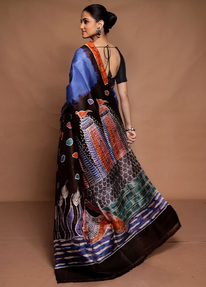 Blue Printed Silk Saree Without Blouse Piece