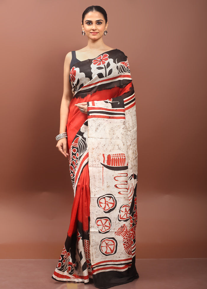 Red Printed Silk Saree Without Blouse Piece