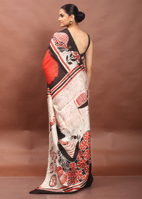 Red Printed Silk Saree Without Blouse Piece
