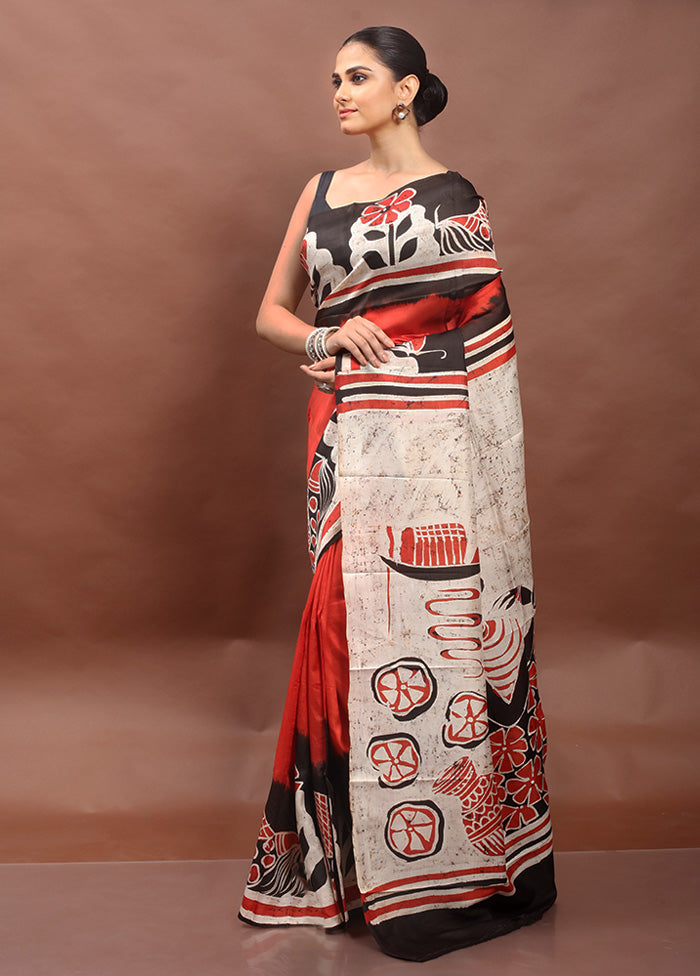 Red Printed Silk Saree Without Blouse Piece