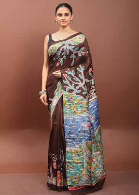 Brown Printed Pure Silk Saree Without Blouse Piece